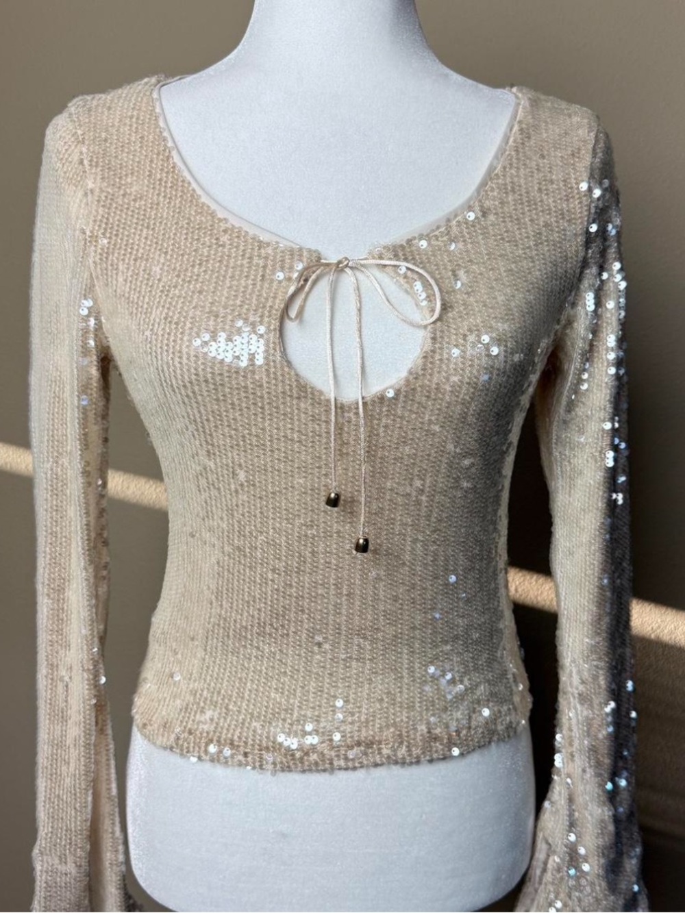 Cream Sequin Keyhole Tie-Front Long Sleeve Top